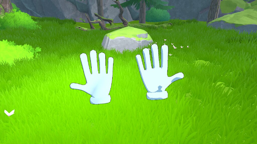 Two virtual hands held above bright grass in a wooded clearing in Touch Grass VR