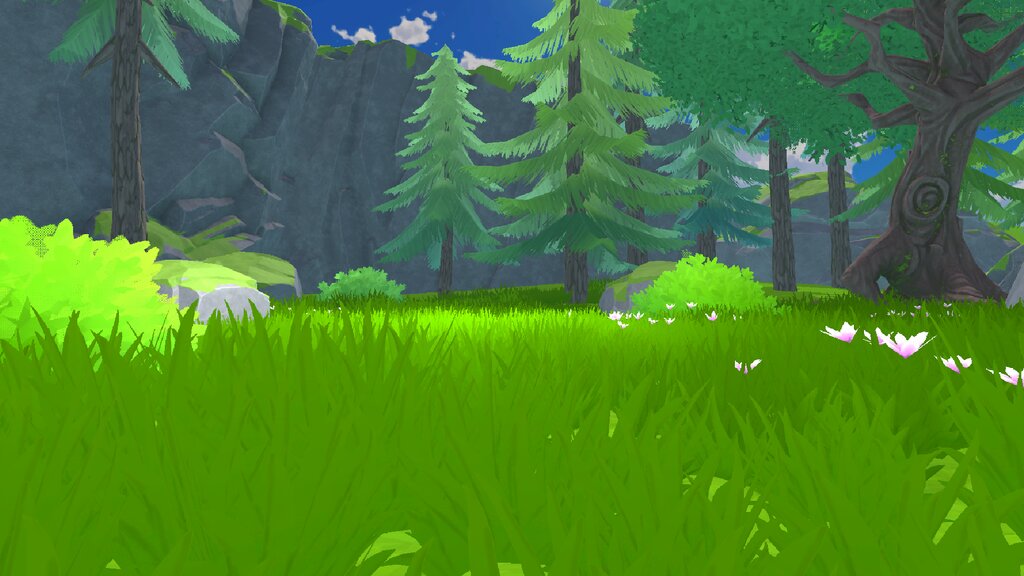 Sunlit grass, small flowers, trees, and rocky cliffs in the game's forest meadow